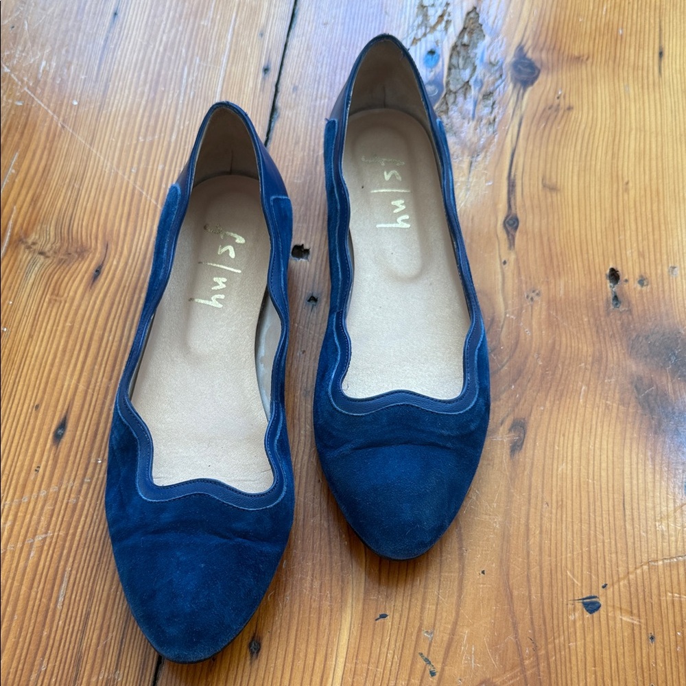 FS/NU Suede Blue Women's Scalloped Leather Upper Flats Shoes Size 8.5